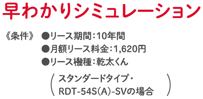 早わかりシミュレーション
                      条件：リース期間：10年間、月額リース料金：1,620円、リース機種：乾太くん（スタンダードタイプ・
                      RDT-54S(A)-SVの場合）。