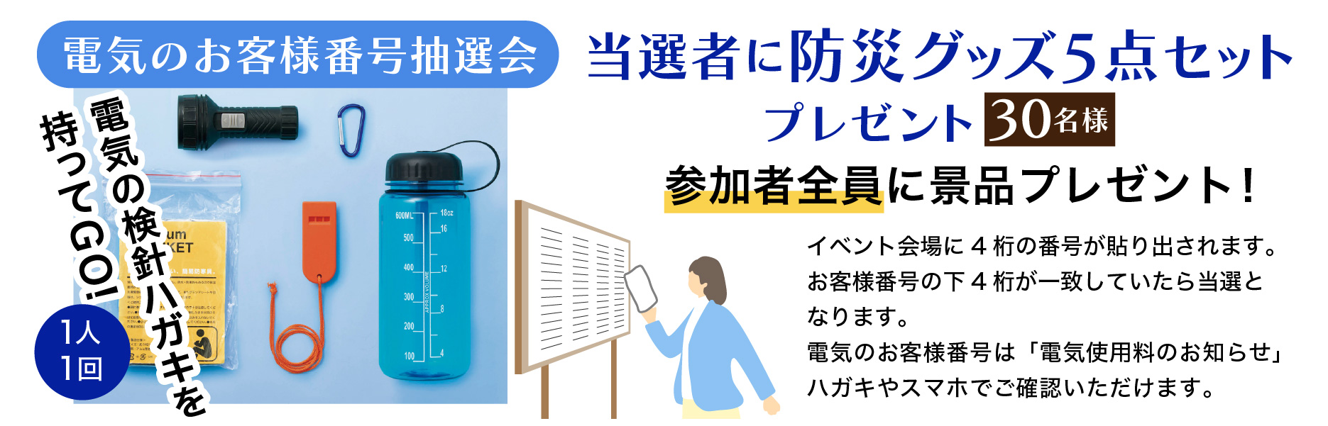 電気のお客様抽選会。電気の検針票ハガキを持ってGO!当選者に防災グッズ5点プレゼント!30名様 参加者全員に景品プレゼント!